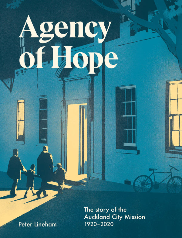 Book cover of 'Agency of Hope' by Peter Lineham with an illustration showing a silhouette of people walking towards a building.