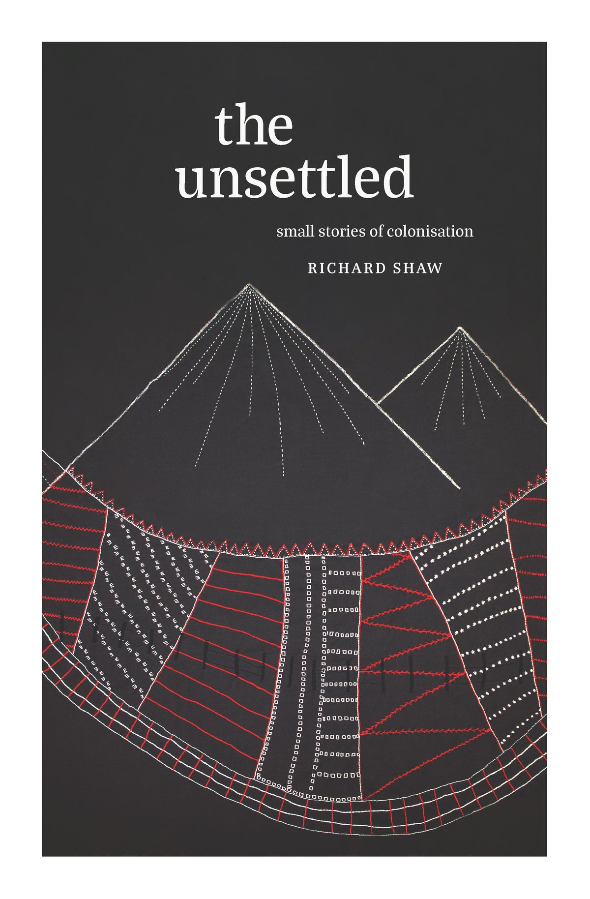 Book cover of 'the unsettled' by Richard Shaw with a black background and geometric design.