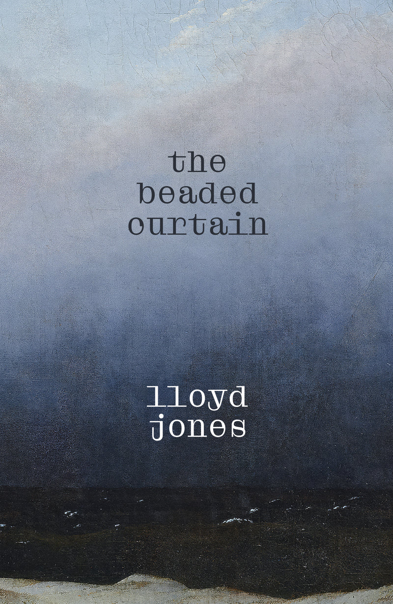 Book cover of 'the beaded curtain' by Lloyd Jones with a gradient background.